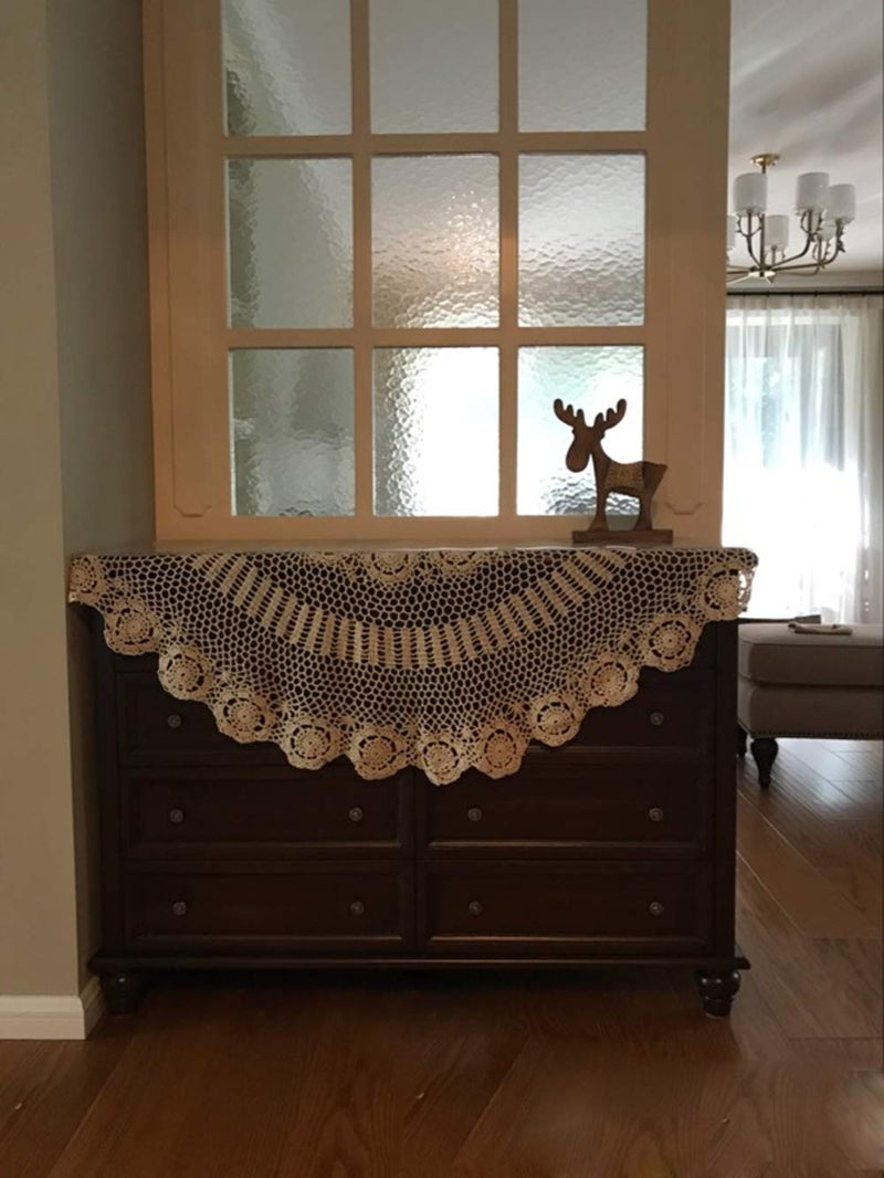 Damanni Beige Cotton Handmade Crochet Lace Tablecloth Doilies Table Overlay,Round,35 Inch - Image 3